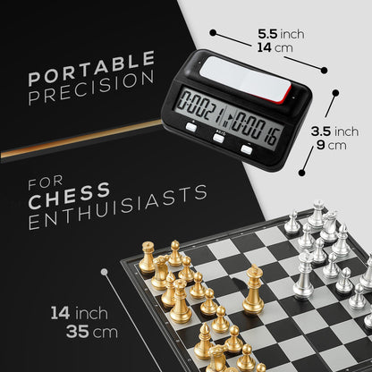 Magnetic Chess Game & Digital Clock Timer Set - Professional and Portable, 14" x 14" Travel Chess, Board Games