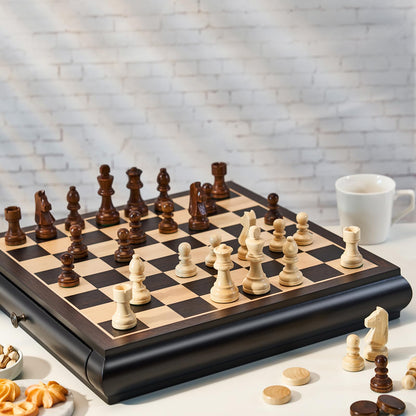 VAMSLOVE Wooden Chess Checkers Game Set 15.5" Large Size Board w/Storage Drawers, Weighted Chess Pieces - 2 Extra Queens 3" King, Gift for Birthday Housewarming Retirement - Black