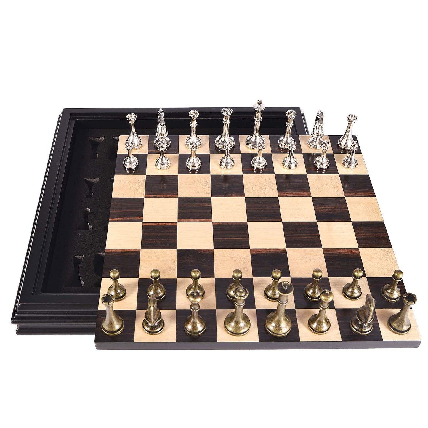 AMEROUS 12.5 inches Wooden Chess Set with Metal Chess Pieces，Classic Board Game w/ 2.5'' King/Storage for Chessmen/Instructions, Chess Sets for Adults, Kids, Beginner