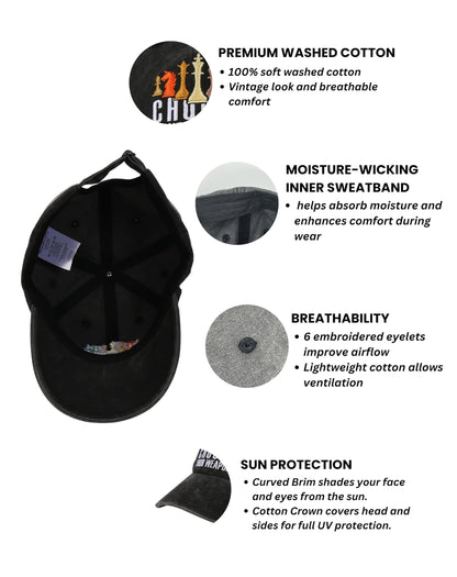 InnoBeta Chess Gifts Cap for Men - Adjustable Vintage Washed Cotton Embroidered Hat - Gift for Chess Lovers, Players, Teen Boys, Birthday - Black