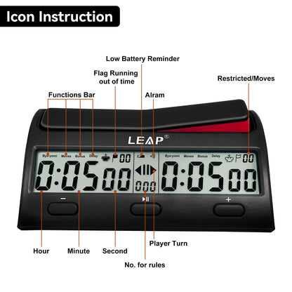 LEAP Chess Clock Advanced Digital Chess Timer with 7 Type 38 Timing Set Modes Including Single or Multi Period Countdown Restricted Moves or Time Function