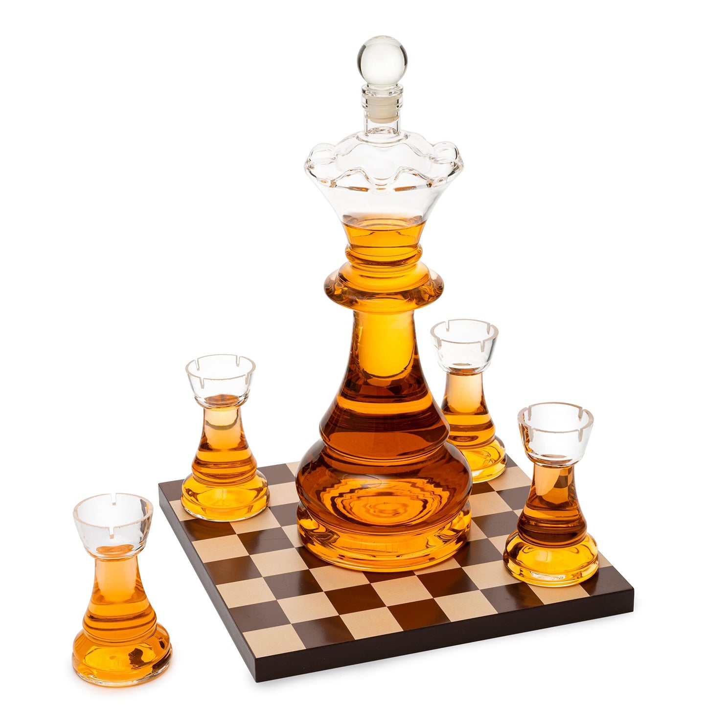 Chess Gift Decanter Set by The Wine Savant - Queen Chess Decanter 750ml 12" H With 4 Rook Shot Glasses 4oz - Queen's Gambit, Chess Player Gifts, Whiskey, Wine Lovers Gifts for Dad, Him, Her, Men