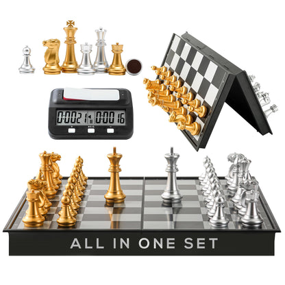 Magnetic Chess Game & Digital Clock Timer Set - Professional and Portable, 14" x 14" Travel Chess, Board Games