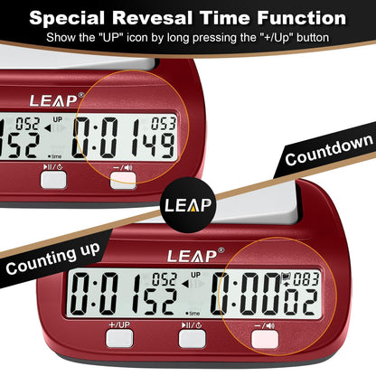LEAP Chess Clock Digital Chess Timer Professional for Board Games Count Up/Down Timer with Alarm,Bonus and Delay Features, Easy to Setup (Red/Black)