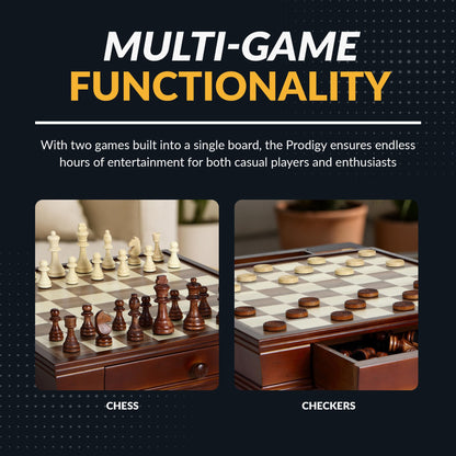 Hathaway Prodigy 19-in Wooden Chess and Checkers Set – Hardwood Board with Hand-Carved Pieces, Built-in Storage Drawers - Complete Wooden Chess Set - Walnut and Maple Finish