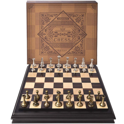AMEROUS 12.5 inches Wooden Chess Set with Metal Chess Pieces，Classic Board Game w/ 2.5'' King/Storage for Chessmen/Instructions, Chess Sets for Adults, Kids, Beginner