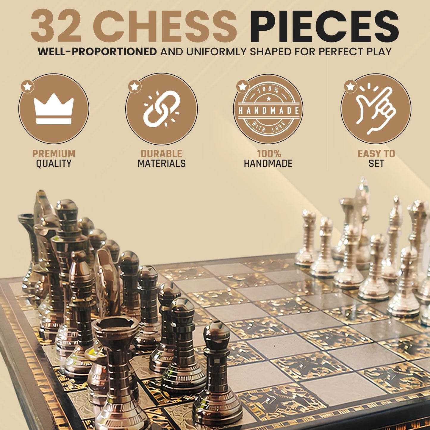 Blessings Decor Collectible Premium Metal Brass Chess Board Game Set Brass Chess Pieces Men with Free Complimentary Box