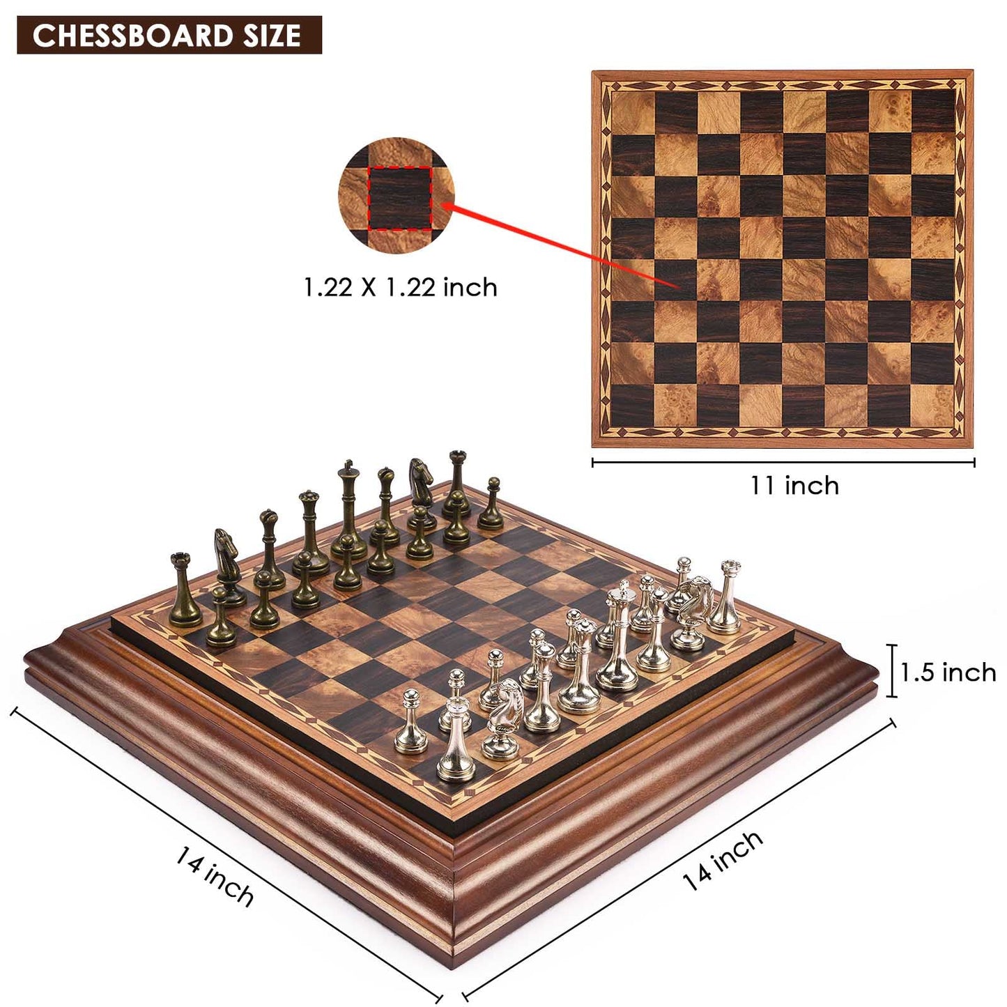 AMEROUS 14 inches Wooden Chess Set with Metal Chess Pieces / 2.5'' King/Storage for Chessmen/Gift Package/Instructions/Classic Board Game