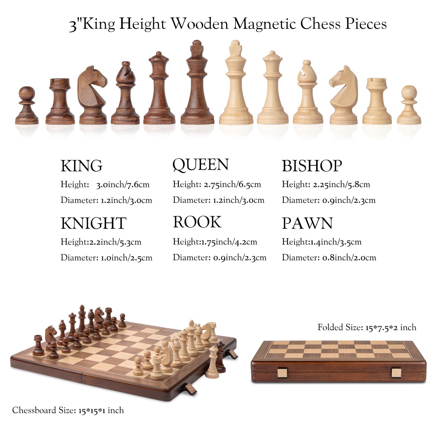 A&A 15" Magnetic Wooden Chess Set, Handmade 3" King Height Knight Staunton Chess Pieces with 2 Extra Queen, Folding Portable Travel Game Set