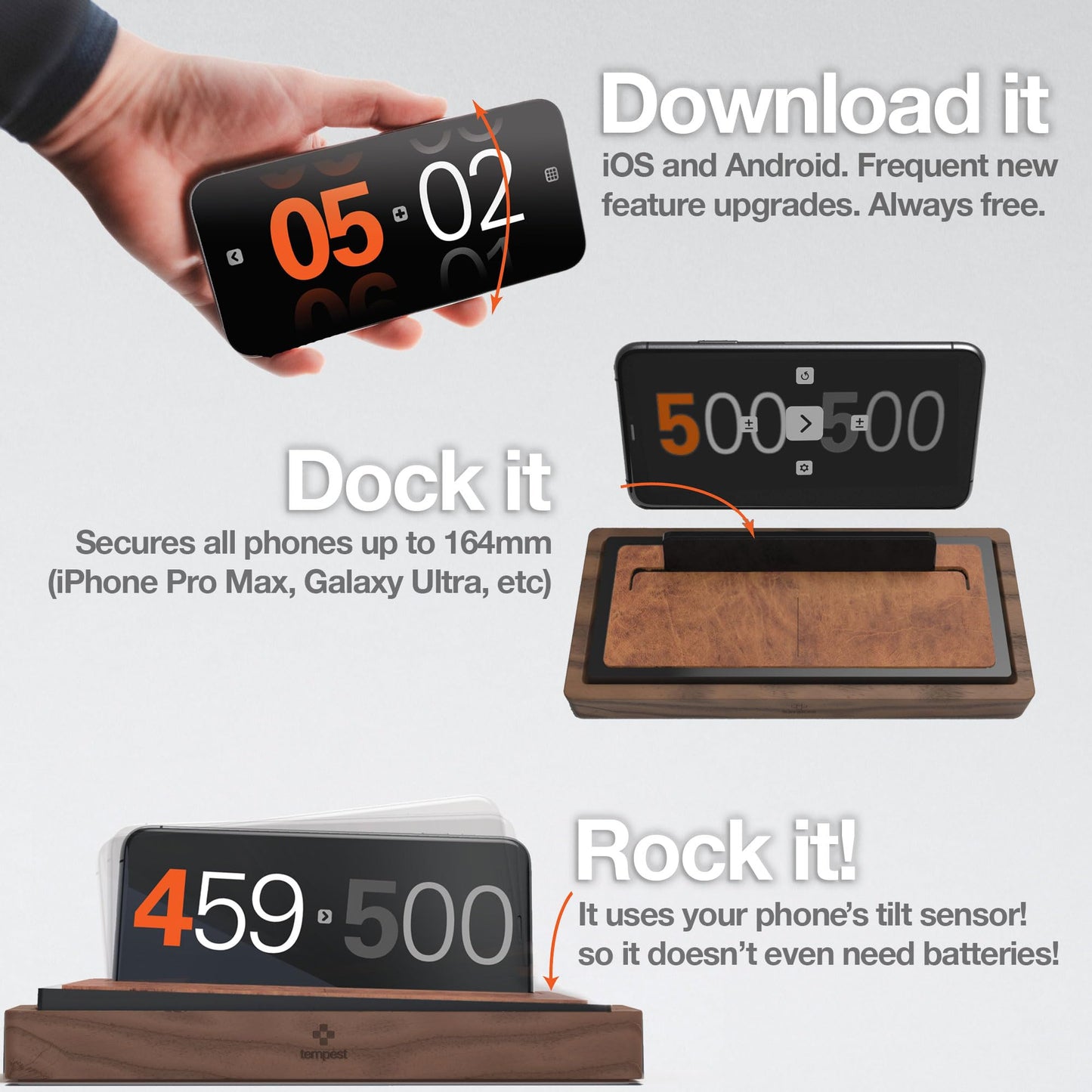 Tempest Deluxe Chess Clock (App & Dock Hybrid) – Solid Walnut & Genuine Leather | Transform Your Phone into a Premium, Customizable Game Timer | iOS & Android App + Deluxe Dock