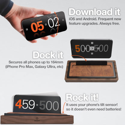 Tempest Deluxe Chess Clock (App & Dock Hybrid) – Solid Walnut & Genuine Leather | Transform Your Phone into a Premium, Customizable Game Timer | iOS & Android App + Deluxe Dock