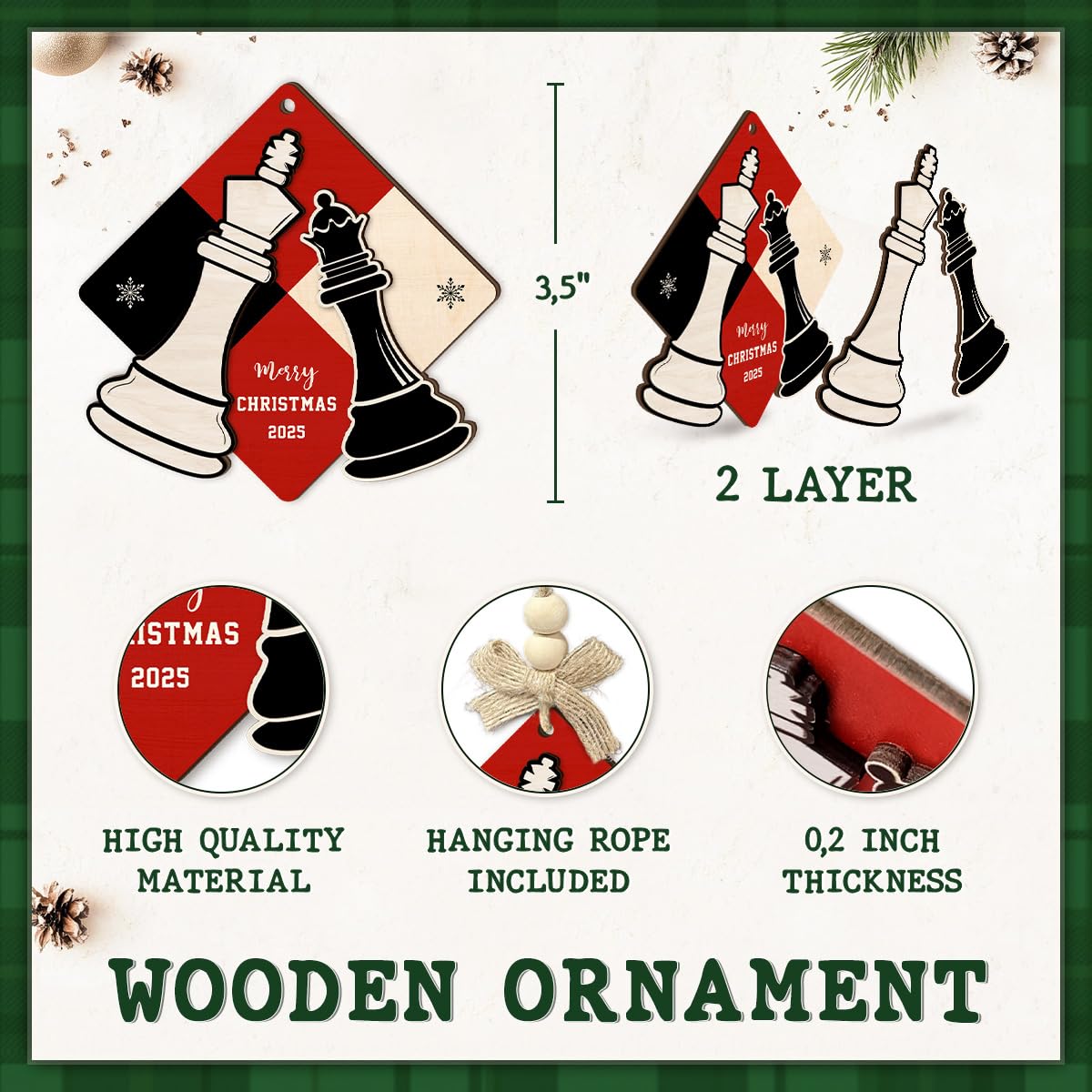 CHOANG Chess Christmas Ornament 2025 - King & Queen Merry Xmas Ornaments, 2 Layer Wood for Chess Lover, Coach, Player, Club, Friend - Tree Hanging Decoration for Kids, Adults