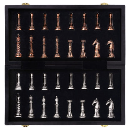 Retro Metal Chess Set for Adults and Kids – Marbling Chess Board with Chess Pieces – Travel Chess Set with Metal Pieces – Folding Chessboard – Ideal for Beginners and Professional Players