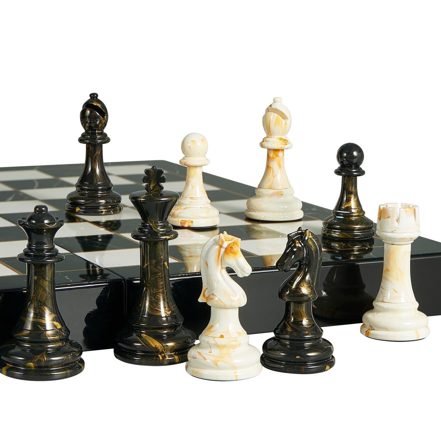 OUMODA 15" Large Chess Set for Adults- Weighted Acrylic Pieces Including Extra 2 Queens, 3.5" King w/Leather Base, Portable Folding Marbling Wooden Chess Board - Travel/Family Game & Elegant Gift