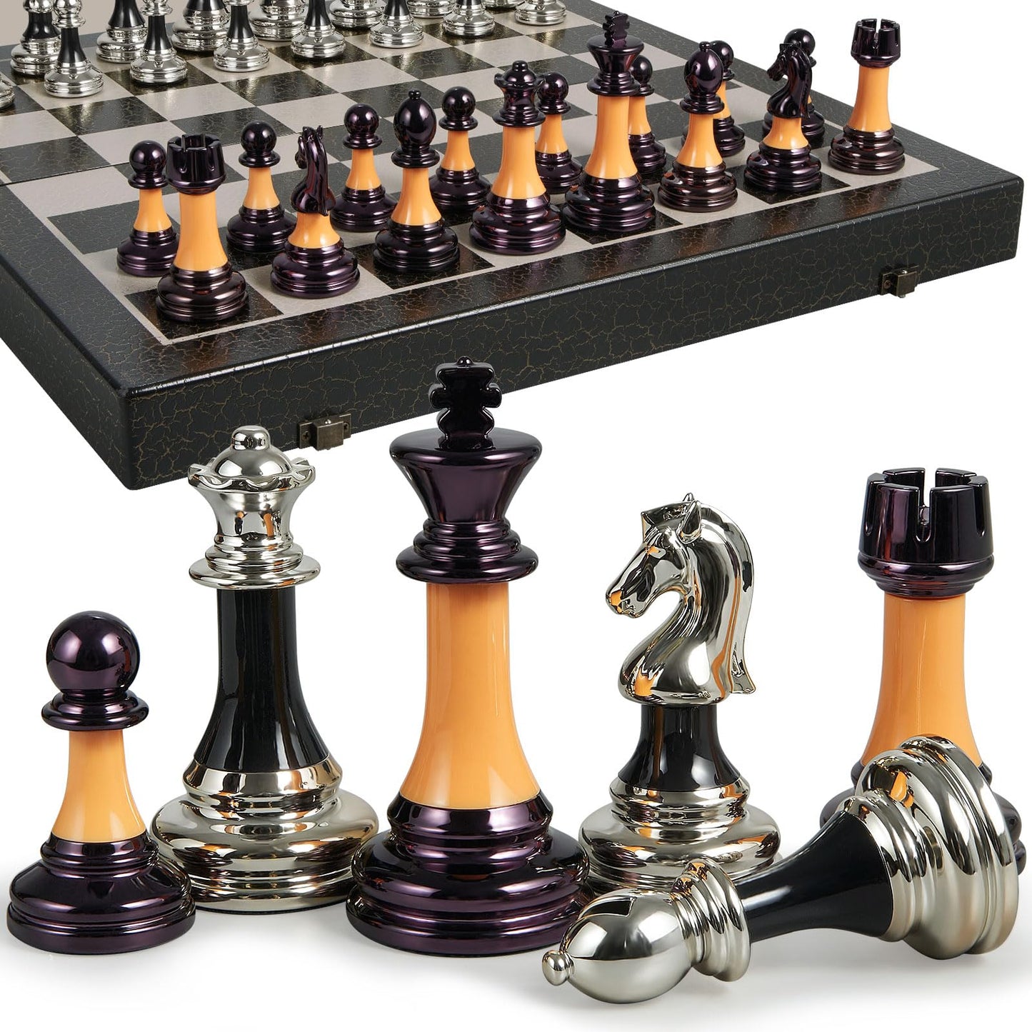 BIVOMON Chess Set 16" Wooden Foldable Black White Chess Board 3.5" Luxury Weighted Acrylic Chess Pieces with Storage Slots for Adults Children Gift Large