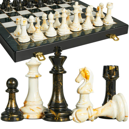 OUMODA 15" Large Chess Set for Adults- Weighted Acrylic Pieces Including Extra 2 Queens, 3.5" King w/Leather Base, Portable Folding Marbling Wooden Chess Board - Travel/Family Game & Elegant Gift