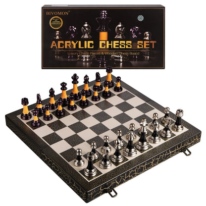 BIVOMON Chess Set 16" Wooden Foldable Black White Chess Board 3.5" Luxury Weighted Acrylic Chess Pieces with Storage Slots for Adults Children Gift Large