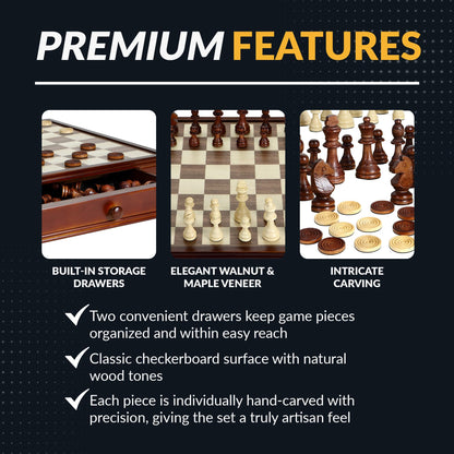 Hathaway Prodigy 19-in Wooden Chess and Checkers Set – Hardwood Board with Hand-Carved Pieces, Built-in Storage Drawers - Complete Wooden Chess Set - Walnut and Maple Finish