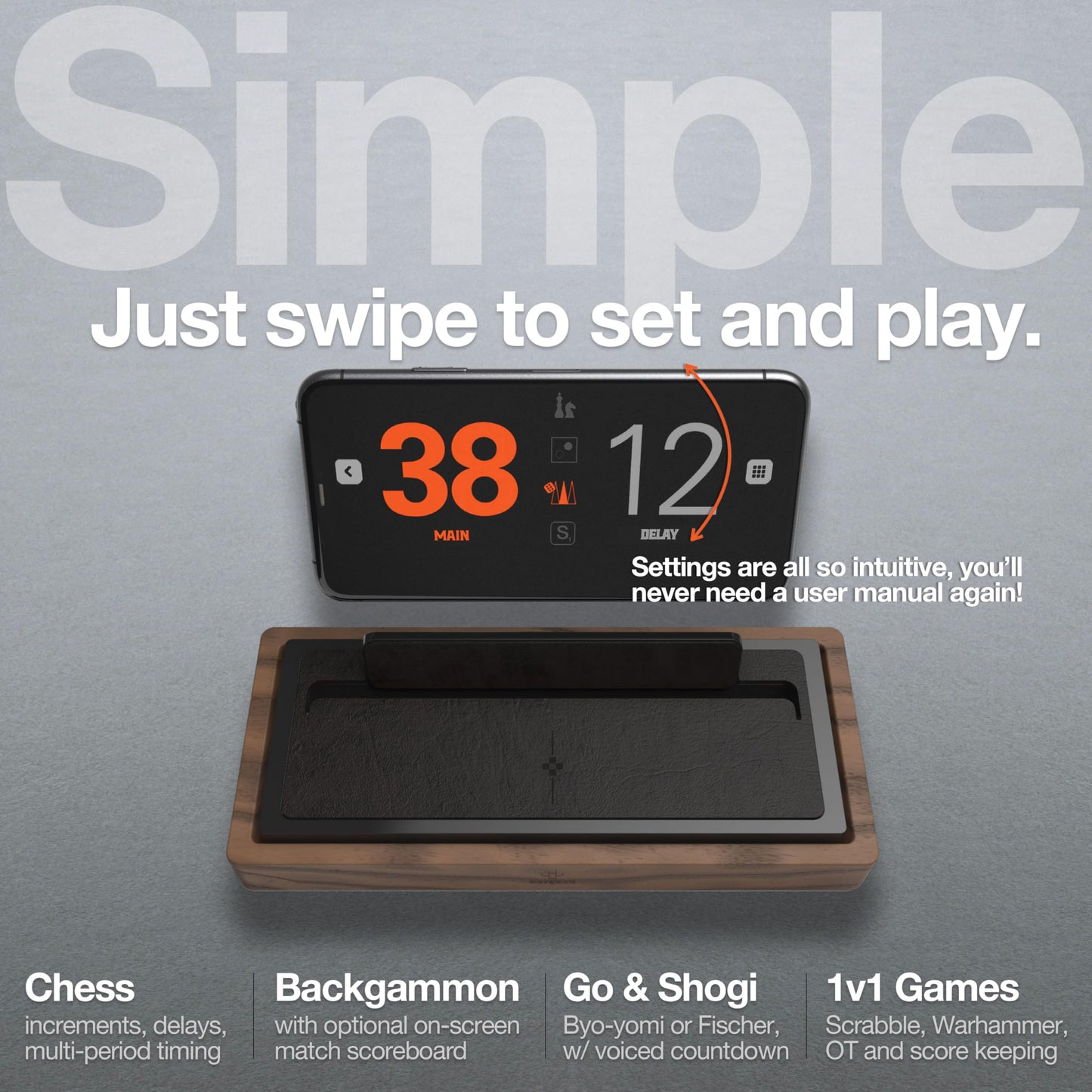 Tempest Deluxe Chess Clock (App & Dock Hybrid) – Solid Walnut & Genuine Leather | Transform Your Phone into a Premium, Customizable Game Timer | iOS & Android App + Deluxe Dock