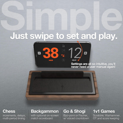 Tempest Deluxe Chess Clock (App & Dock Hybrid) – Solid Walnut & Genuine Leather | Transform Your Phone into a Premium, Customizable Game Timer | iOS & Android App + Deluxe Dock