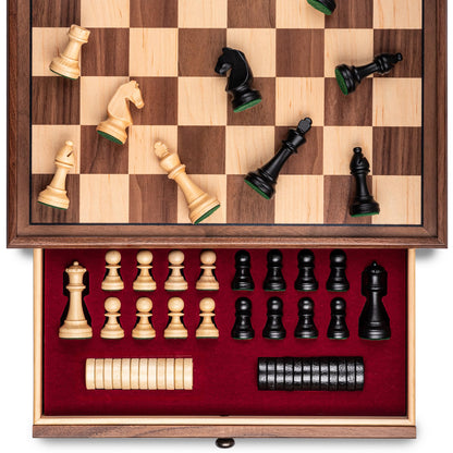 A&A 15 inch Walnut Wooden Chess Sets with Storage Drawer, Triple Weighted Chess Pieces,3.0 inch King Height,Walnut Box,Walnut & Maple Inlay, 2 Extra Queen,Classic 2 in 1 Chess and Checkers Board Games