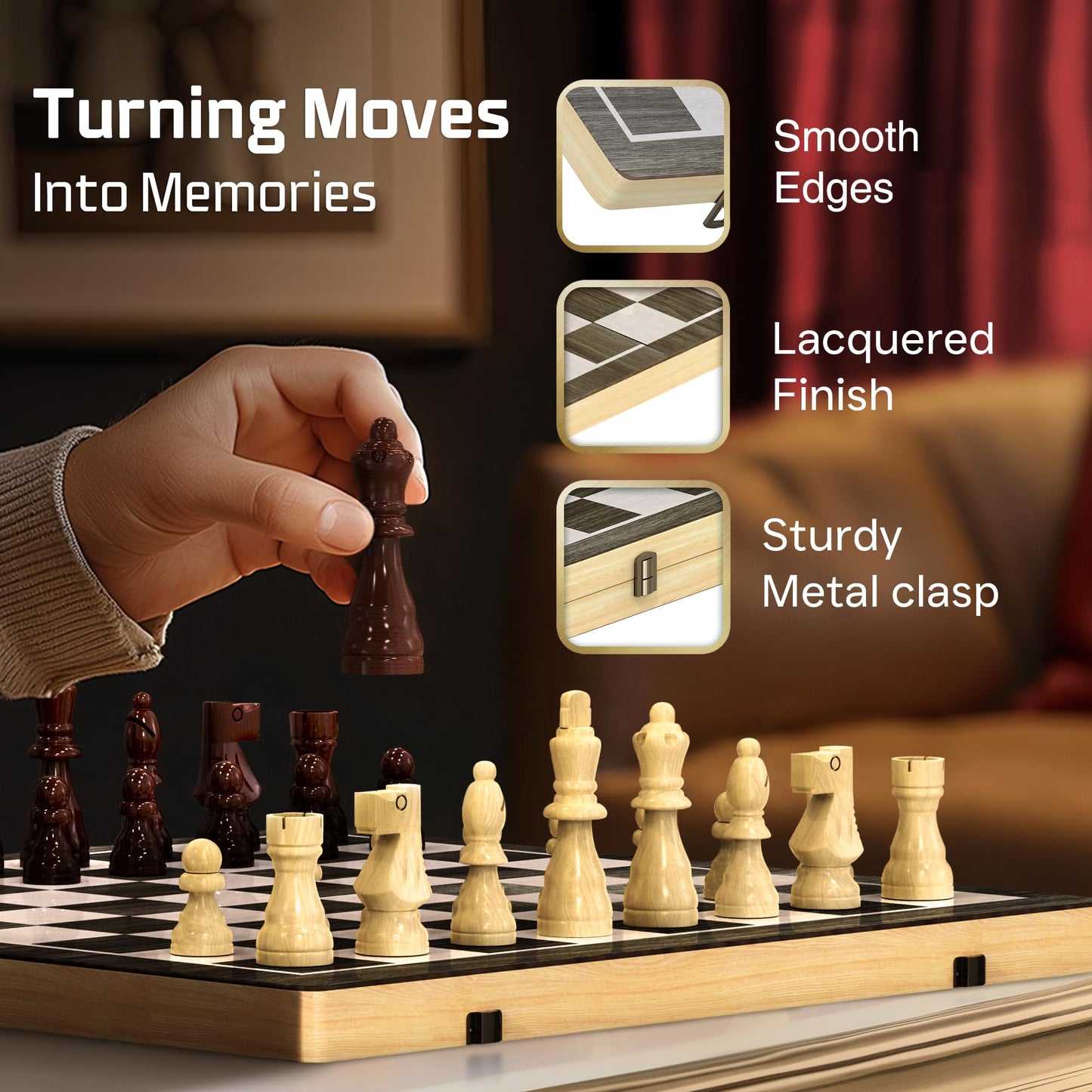 Wooden Magnetic Chess Set | 15 Inch Foldable Chess Board - 2 Extra Queens - Magnetic Chess Game with Storage | Chess Sets for Adults | Handmade Portable Travel Chess Set for Kids & Beginners