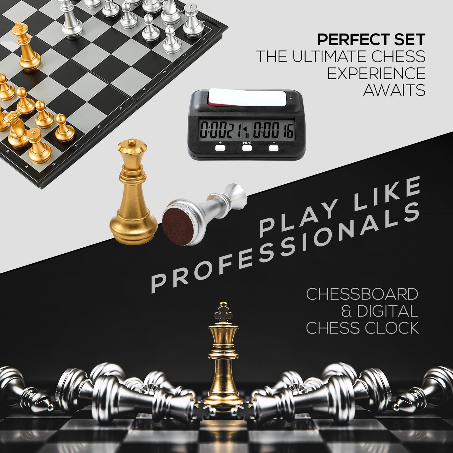 Magnetic Chess Game & Digital Clock Timer Set - Professional and Portable, 14" x 14" Travel Chess, Board Games