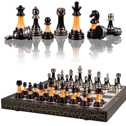BIVOMON Chess Set 16" Wooden Foldable Black White Chess Board 3.5" Luxury Weighted Acrylic Chess Pieces with Storage Slots for Adults Children Gift Large