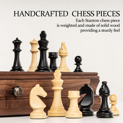 A&A 15 inch Walnut Wooden Chess Sets with Storage Drawer, Triple Weighted Chess Pieces,3.0 inch King Height,Walnut Box,Walnut & Maple Inlay, 2 Extra Queen,Classic 2 in 1 Chess and Checkers Board Games