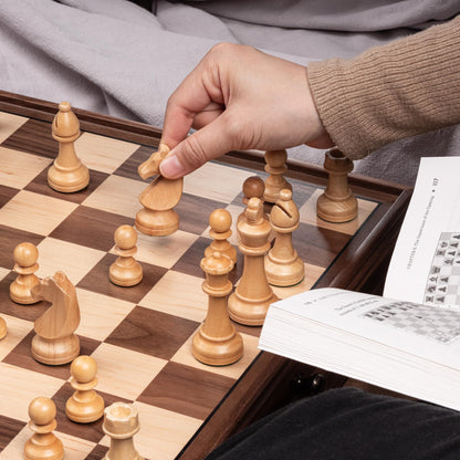 A&A 15 inch Walnut Wooden Chess Sets with Storage Drawer, Triple Weighted Chess Pieces,3.0 inch King Height,Walnut Box,Walnut & Maple Inlay, 2 Extra Queen,Classic 2 in 1 Chess and Checkers Board Games