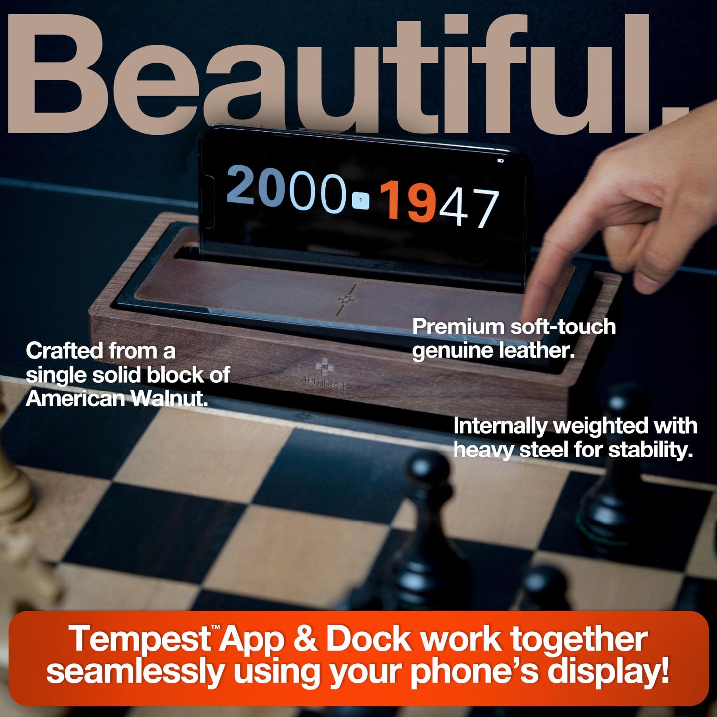 Tempest Deluxe Chess Clock (App & Dock Hybrid) – Solid Walnut & Genuine Leather | Transform Your Phone into a Premium, Customizable Game Timer | iOS & Android App + Deluxe Dock