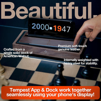 Tempest Deluxe Chess Clock (App & Dock Hybrid) – Solid Walnut & Genuine Leather | Transform Your Phone into a Premium, Customizable Game Timer | iOS & Android App + Deluxe Dock