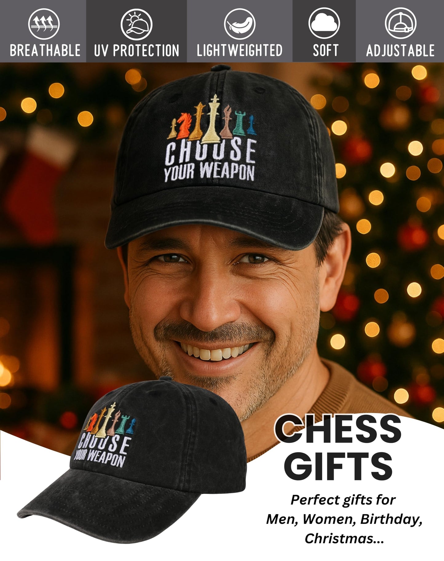 InnoBeta Chess Gifts Cap for Men - Adjustable Vintage Washed Cotton Embroidered Hat - Gift for Chess Lovers, Players, Teen Boys, Birthday - Black