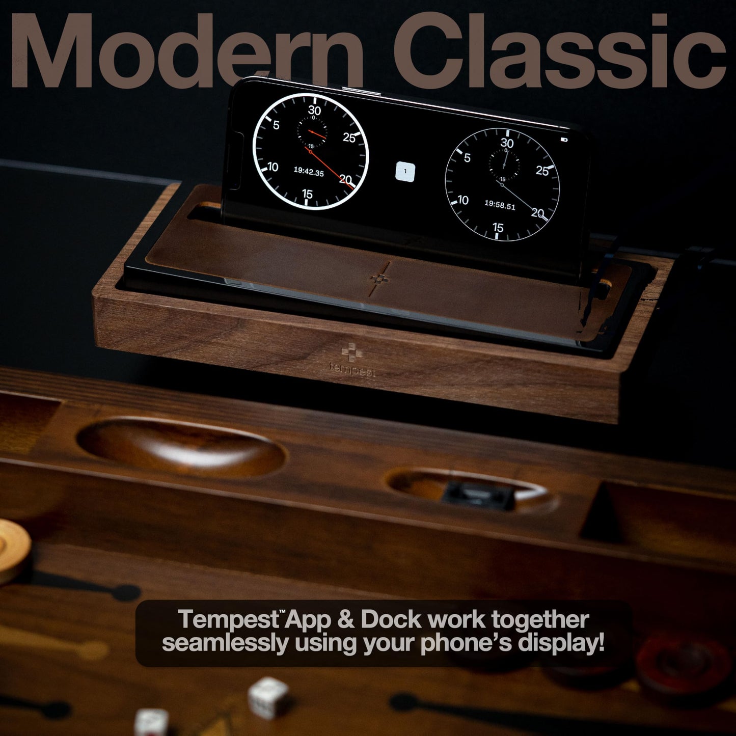 Tempest Deluxe Chess Clock (App & Dock Hybrid) – Solid Walnut & Genuine Leather | Transform Your Phone into a Premium, Customizable Game Timer | iOS & Android App + Deluxe Dock