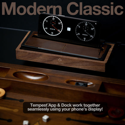 Tempest Deluxe Chess Clock (App & Dock Hybrid) – Solid Walnut & Genuine Leather | Transform Your Phone into a Premium, Customizable Game Timer | iOS & Android App + Deluxe Dock