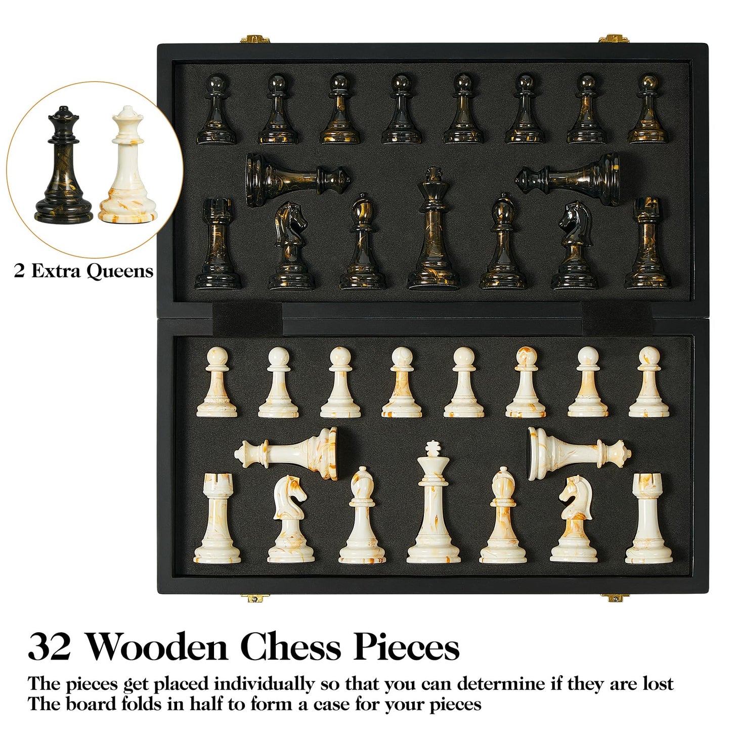 OUMODA 15" Large Chess Set for Adults- Weighted Acrylic Pieces Including Extra 2 Queens, 3.5" King w/Leather Base, Portable Folding Marbling Wooden Chess Board - Travel/Family Game & Elegant Gift