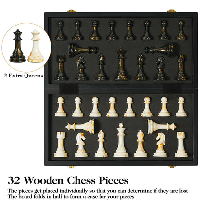 OUMODA 15" Large Chess Set for Adults- Weighted Acrylic Pieces Including Extra 2 Queens, 3.5" King w/Leather Base, Portable Folding Marbling Wooden Chess Board - Travel/Family Game & Elegant Gift