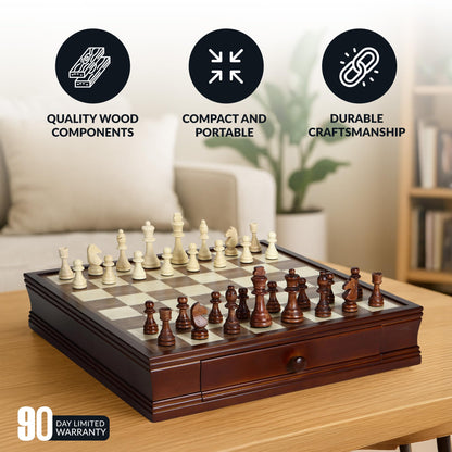 Hathaway Prodigy 19-in Wooden Chess and Checkers Set – Hardwood Board with Hand-Carved Pieces, Built-in Storage Drawers - Complete Wooden Chess Set - Walnut and Maple Finish