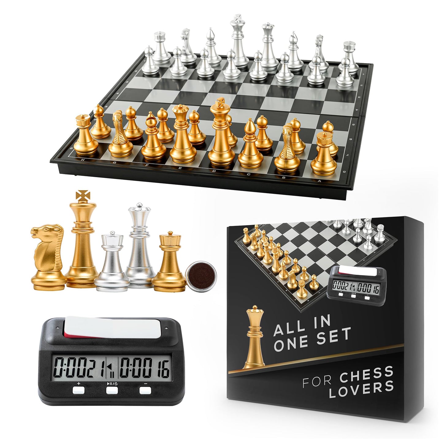 Magnetic Chess Game & Digital Clock Timer Set - Professional and Portable, 14" x 14" Travel Chess, Board Games