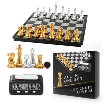 Magnetic Chess Game & Digital Clock Timer Set - Professional and Portable, 14" x 14" Travel Chess, Board Games