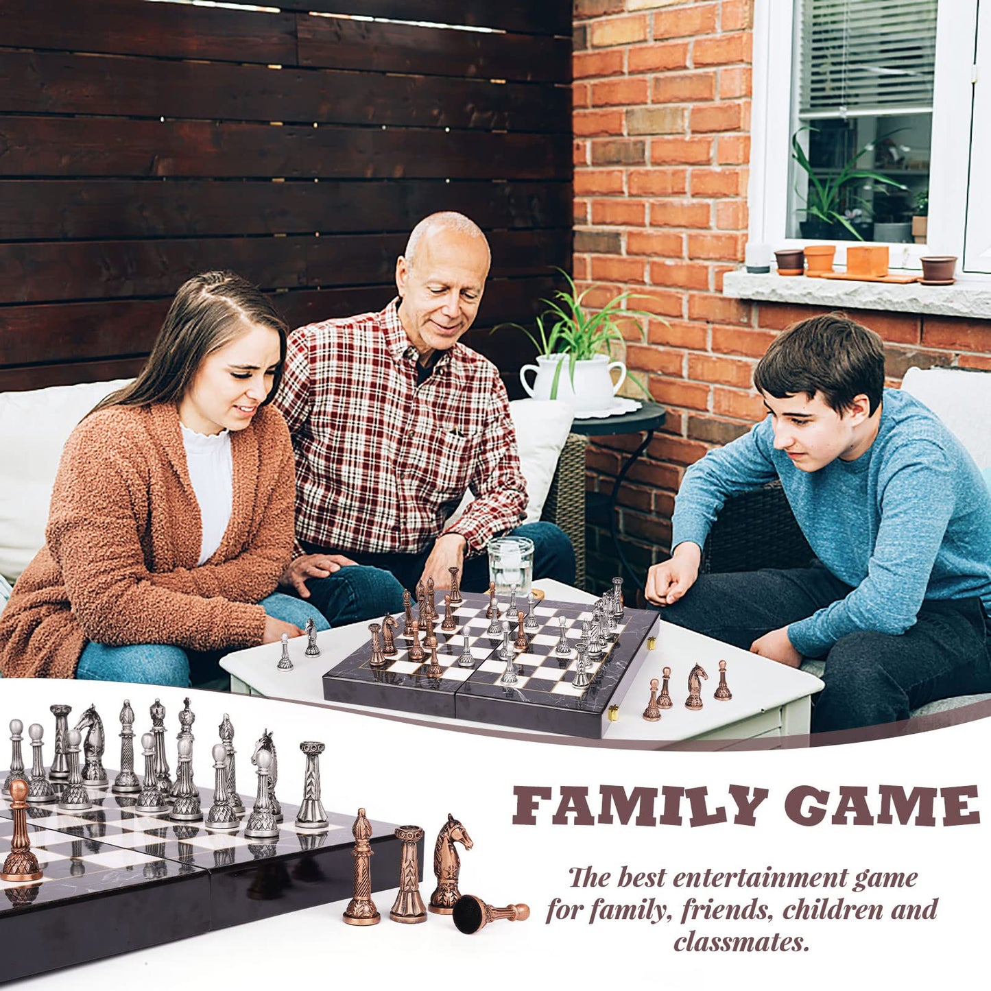 Retro Metal Chess Set for Adults and Kids – Marbling Chess Board with Chess Pieces – Travel Chess Set with Metal Pieces – Folding Chessboard – Ideal for Beginners and Professional Players