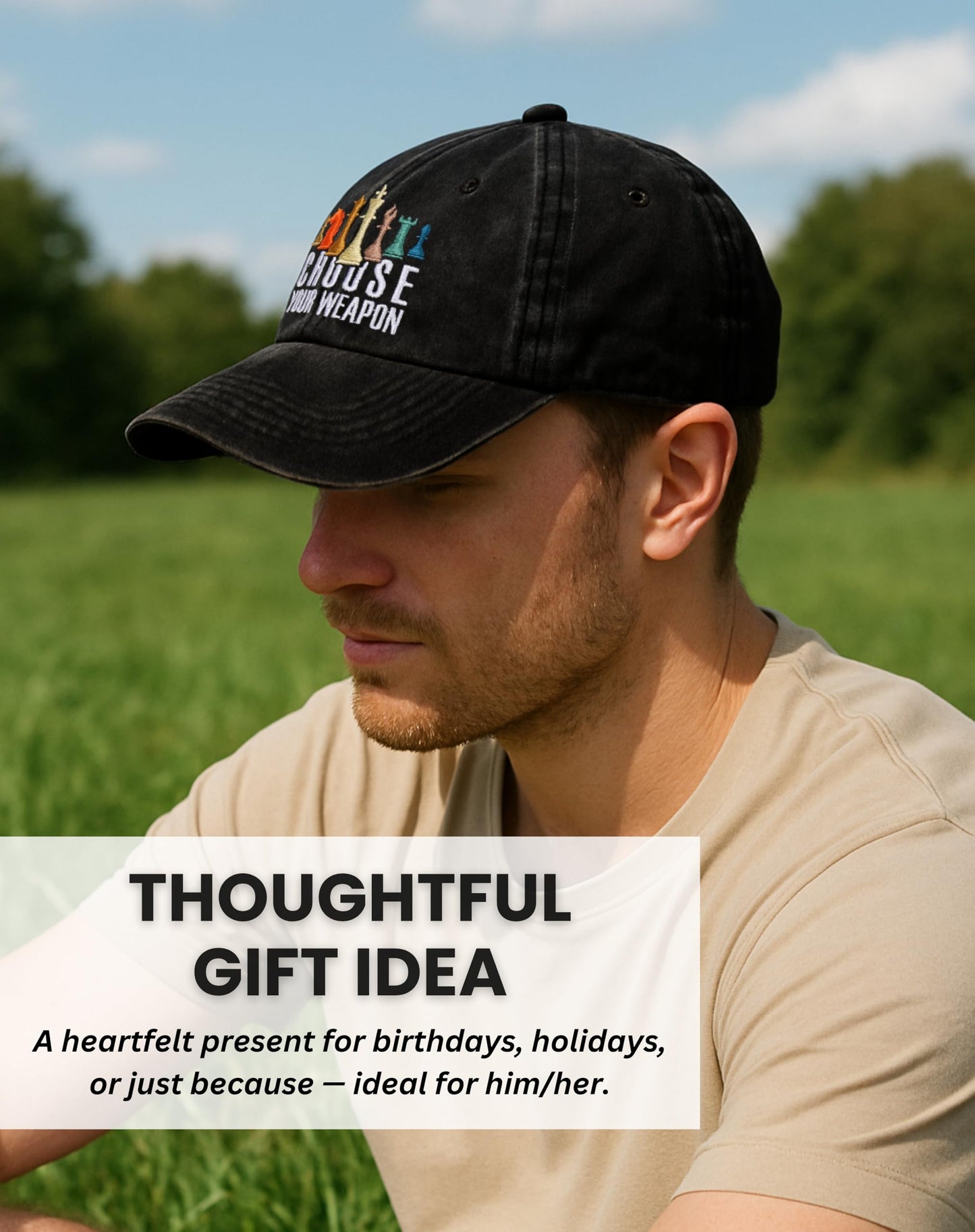 InnoBeta Chess Gifts Cap for Men - Adjustable Vintage Washed Cotton Embroidered Hat - Gift for Chess Lovers, Players, Teen Boys, Birthday - Black