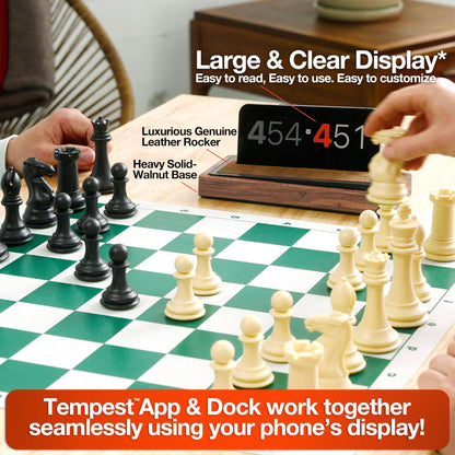 Tempest Deluxe Chess Clock (App & Dock Hybrid) – Solid Walnut & Genuine Leather | Transform Your Phone into a Premium, Customizable Game Timer | iOS & Android App + Deluxe Dock