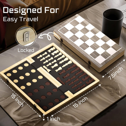 Wooden Magnetic Chess Set | 15 Inch Foldable Chess Board - 2 Extra Queens - Magnetic Chess Game with Storage | Chess Sets for Adults | Handmade Portable Travel Chess Set for Kids & Beginners