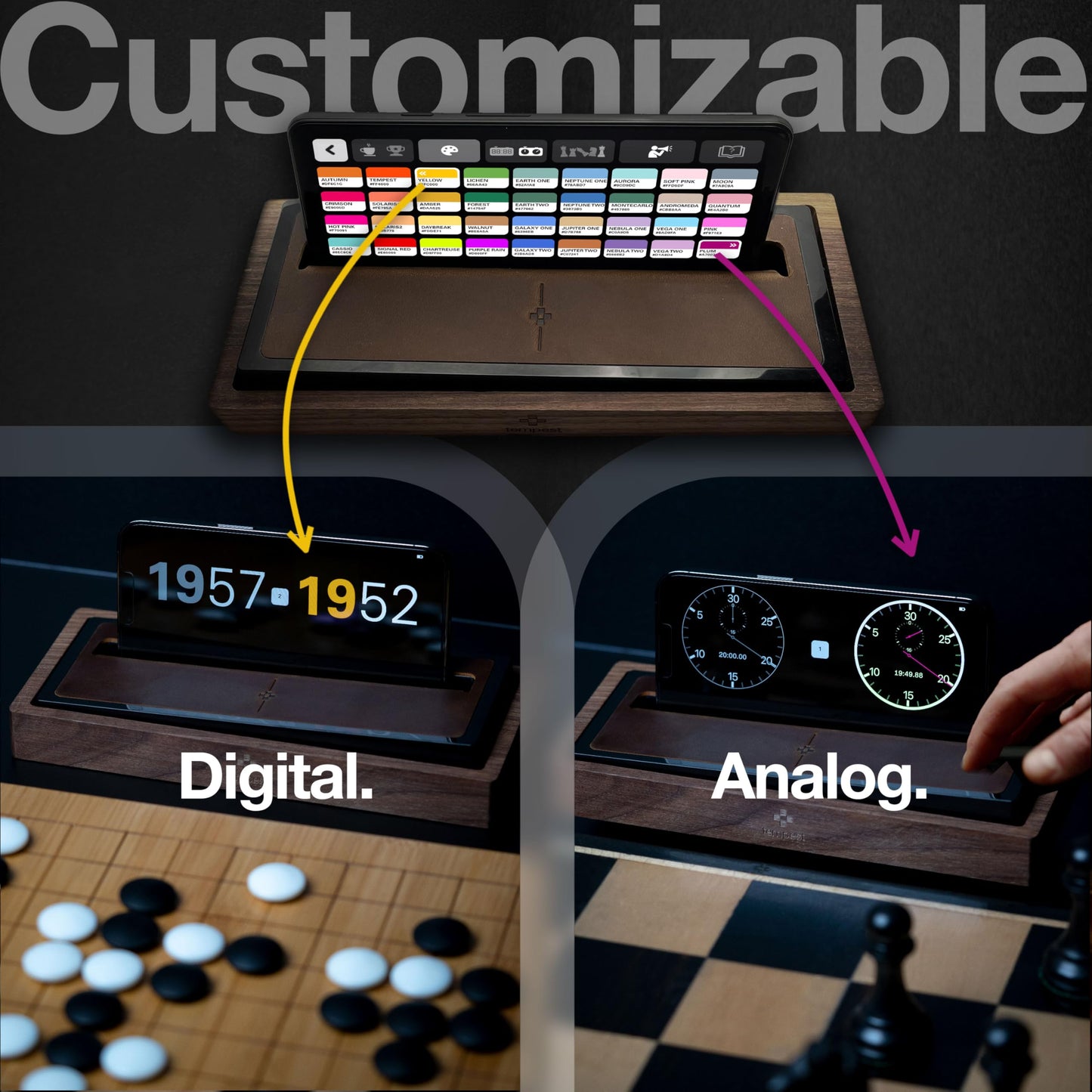 Tempest Deluxe Chess Clock (App & Dock Hybrid) – Solid Walnut & Genuine Leather | Transform Your Phone into a Premium, Customizable Game Timer | iOS & Android App + Deluxe Dock