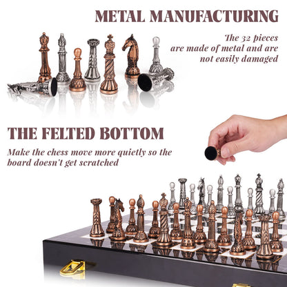 Retro Metal Chess Set for Adults and Kids – Marbling Chess Board with Chess Pieces – Travel Chess Set with Metal Pieces – Folding Chessboard – Ideal for Beginners and Professional Players
