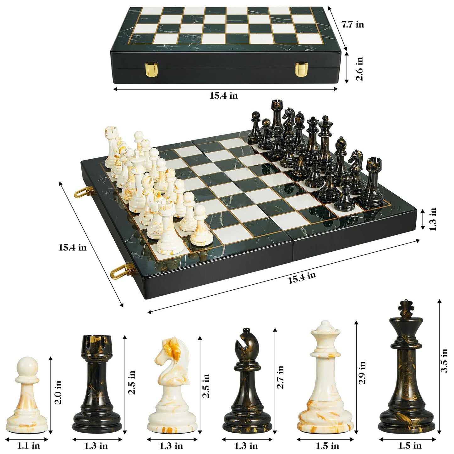 OUMODA 15" Large Chess Set for Adults- Weighted Acrylic Pieces Including Extra 2 Queens, 3.5" King w/Leather Base, Portable Folding Marbling Wooden Chess Board - Travel/Family Game & Elegant Gift