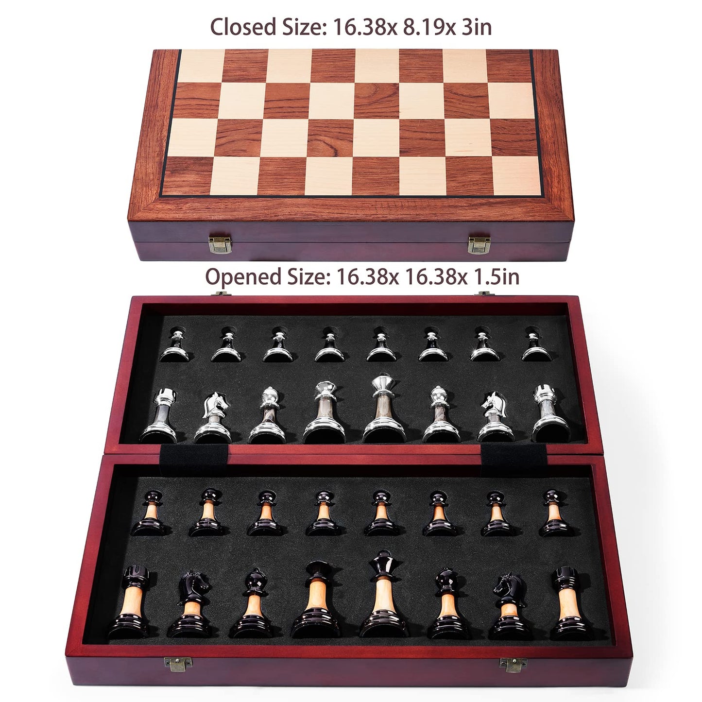 VAMSLOVE Chess Set Large 16''/42cm Folding Wooden Board with Deluxe Weighted Acrylic Chess Pieces - 3.5" King with Storage Slots for Adults House Warming Retirement Gift