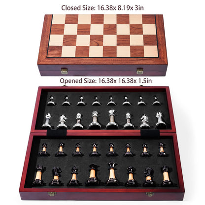 VAMSLOVE Chess Set Large 16''/42cm Folding Wooden Board with Deluxe Weighted Acrylic Chess Pieces - 3.5" King with Storage Slots for Adults House Warming Retirement Gift