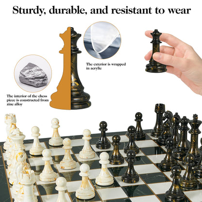 OUMODA 15" Large Chess Set for Adults- Weighted Acrylic Pieces Including Extra 2 Queens, 3.5" King w/Leather Base, Portable Folding Marbling Wooden Chess Board - Travel/Family Game & Elegant Gift
